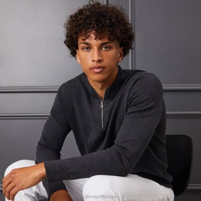 kontrast v yaka merinos yünü çeyrek fermuarlı kazak üniseks koyu kömür funda grisi G/FORE Giyim 0J4F93